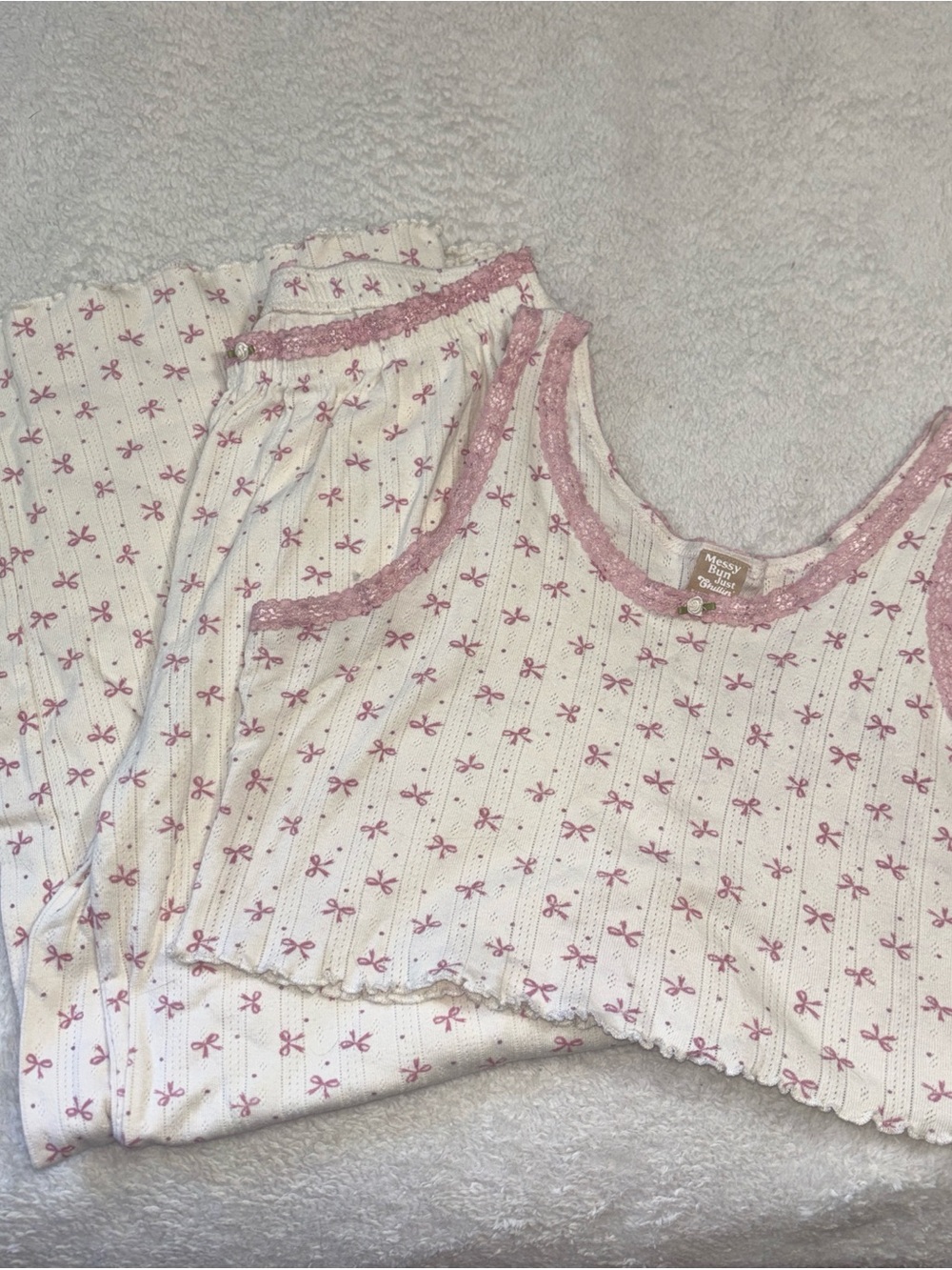 Messy Bun Just Chillin Cozy Pink Bow Print Ribbed Tank and Flare Pants Sleep Set